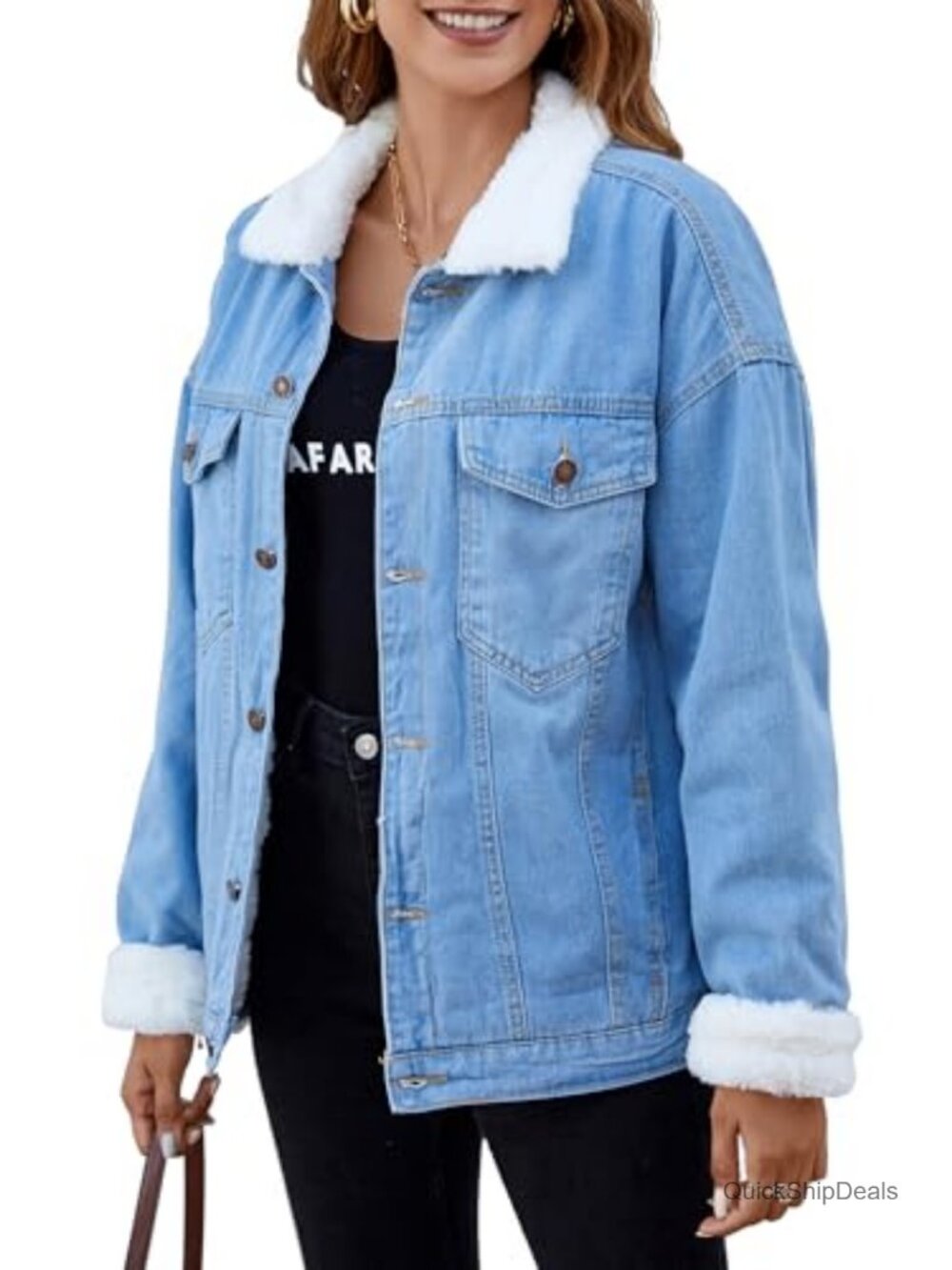 Women's Sherpa Lined Denim Jean Jacket Fleece Winter Coat Buttons Pockets